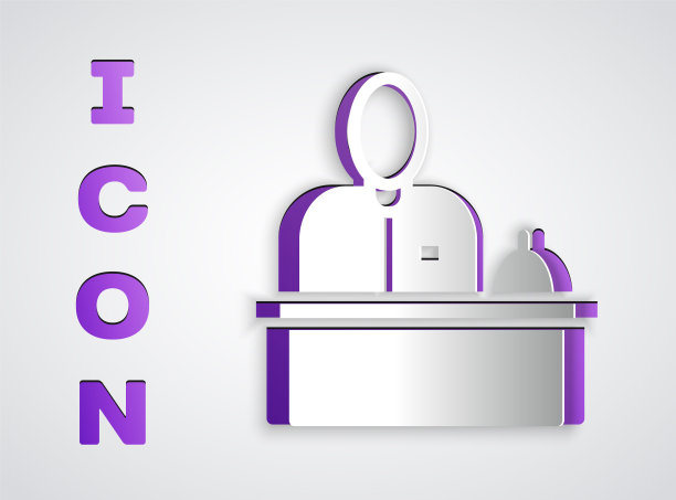 接待员站在酒店前台，图标孤立在灰色背景上。纸艺术风格。向量图片下载