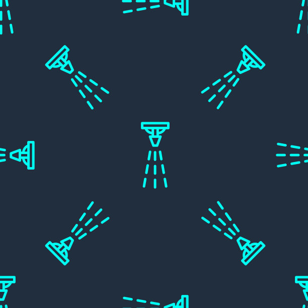 绿色线消防自动喷水灭火系统图标隔离无缝模式在蓝色背景。洒水器，灭火器固体图标。向量图片下载