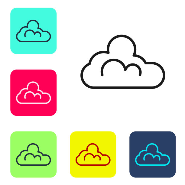 黑线云天气图标孤立在白色背景上。设置图标的颜色方形按钮。向量图片下载