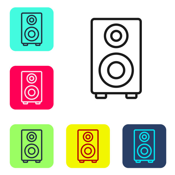 黑线立体声扬声器图标孤立在白色背景。音响系统扬声器。音乐图标。音乐圆柱扬声器低音设备。设置图标的颜色方形按钮。向量图片下载
