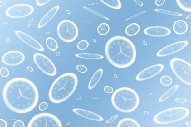 不同大小和形状的白色时钟的图案轮廓在渐变的蓝色背景上模糊了图片下载