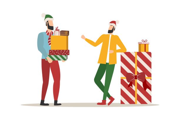 圣诞购物，人们，两个男人带着礼物穿着温暖的衣服，为新年和圣诞节做准备。向量图片下载