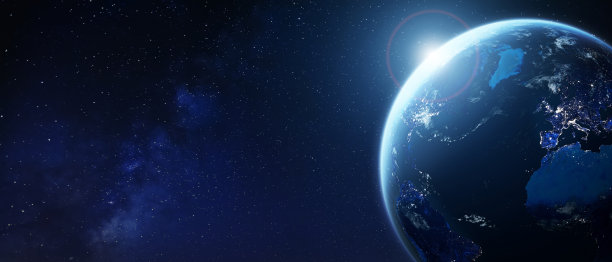 来自欧洲和北美城市灯光的地球。世界与太阳和星星的背景。旗帜全球商业，国际金融，金融科技技术，元素来自美国宇航局图片下载