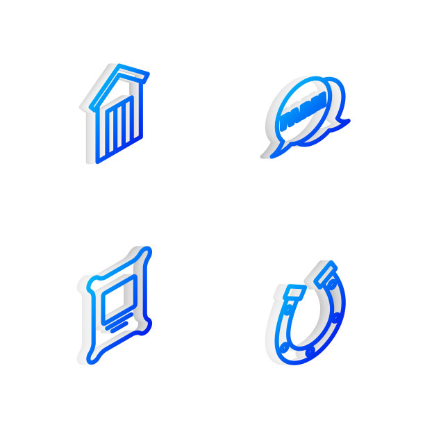 设置等距线语音气泡农场，木制户外厕所，肥料袋和马蹄图标。向量图片下载