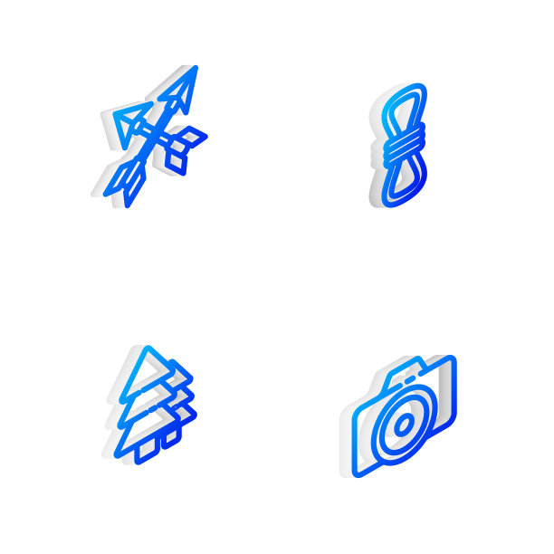 设置等距线攀爬绳，交叉箭头，树和照片相机图标。向量图片下载