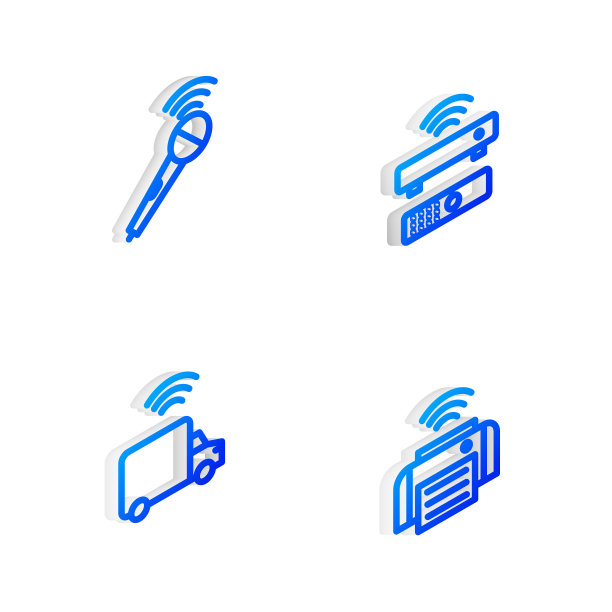 设置等距线无线电视盒接收器，麦克风，智能卡车和打印机图标。向量图片下载