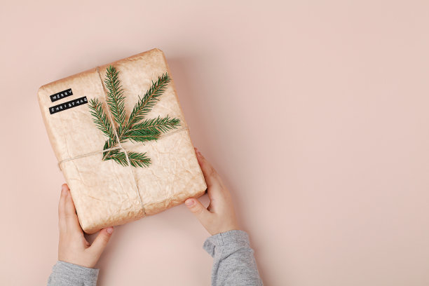 孩子的手拿着牛皮纸生态礼盒与树枝在米色背景。俯视图，假日现在的概念。圣诞“零浪费”。本空间图片下载