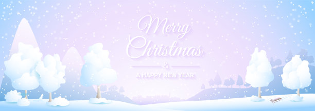 圣诞快乐冬季雪山景观，村庄和树木剪影插图横幅图片下载