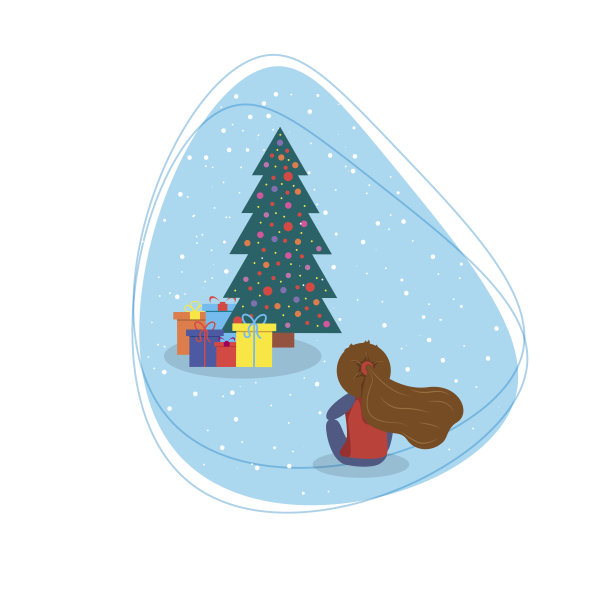 后面的女孩坐在装饰好的圣诞树前，上面摆满了礼物。圣诞卡片的背景液体元素和雪。图片下载