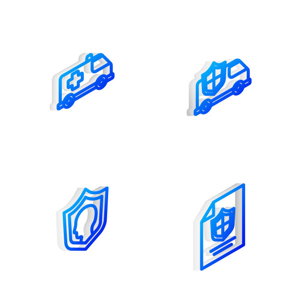 设置等距线车与盾牌，紧急车，人寿保险和合同图标。向量图片下载