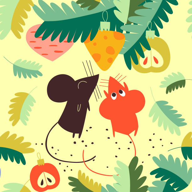 新年矢量图案与可爱的老鼠，杉木树枝和玩具。纺织品，墙壁，明信片的无缝圣诞印刷图片下载