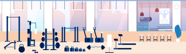健身房室内。健身训练室配有运动器材、哑铃和跑步机。杠铃和长凳锻炼。向量的背景图片下载