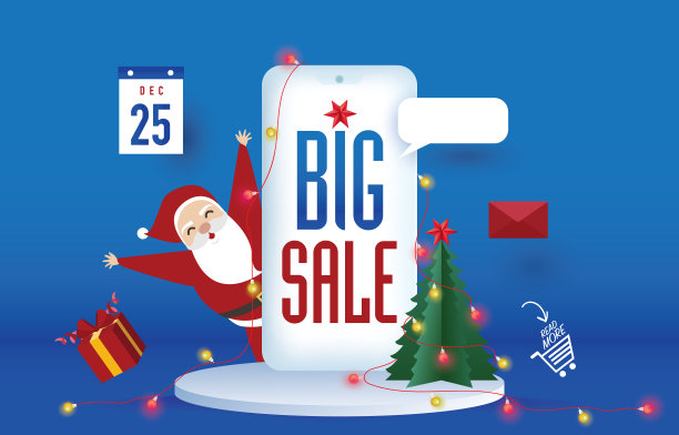 圣诞概念，圣诞老人在抽象的背景与文本大销售，电话，礼物，雪，星星，圣诞树，网页横幅，海报，圣诞邀请卡和新年节日的设计。图片下载