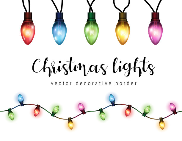 矢量现实发光的彩色圣诞灯在无缝模式和个别悬挂灯泡孤立的白色背景图片下载