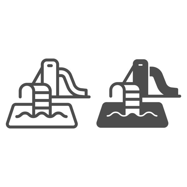 游泳池和水滑梯线和固体图标，水上公园的概念，水公园与游泳池和幻灯片标志在白色的背景，水滑梯图标轮廓风格的手机和网页设计。矢量图形。图片下载