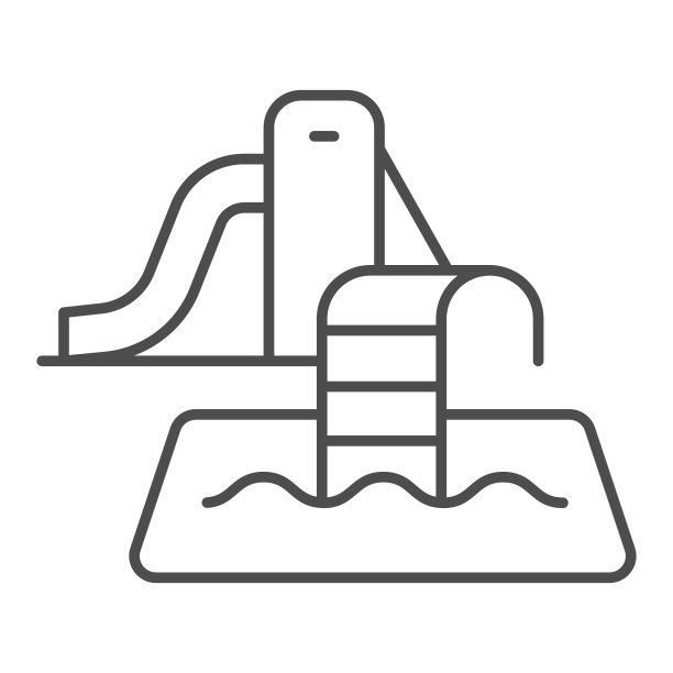 游泳池和水滑梯细线图标，水上公园概念，水公园与游泳池和滑梯标志在白色的背景，水滑梯图标轮廓风格的手机和网页设计。矢量图形。图片下载