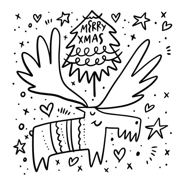 鹿和圣诞树。涂鸦风格。卡通手绘着色。图片下载