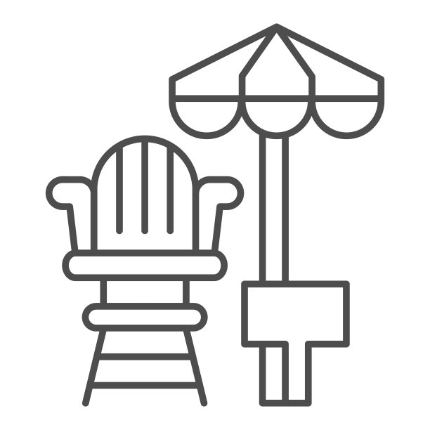 救生员椅子和海滩伞细线图标，水上公园概念，急救和救援在白色背景上的海滩标志，救生员工作场所图标的轮廓风格。矢量图形。图片下载