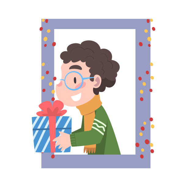 可爱的小男孩看窗外，孩子给予或接受圣诞礼物，圣诞快乐和新年，快乐的冬季矢量插画概念图片下载