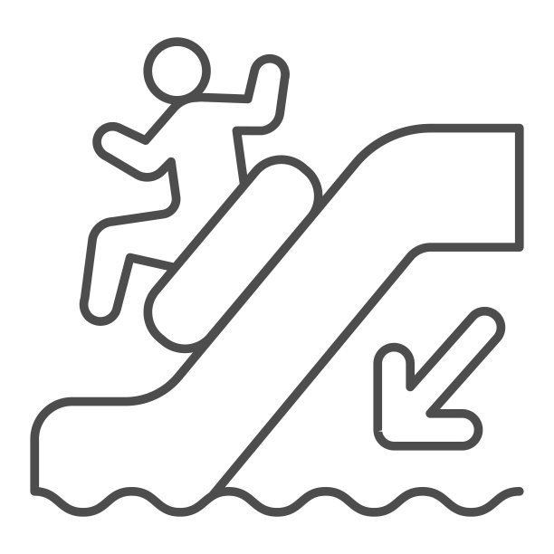 人从水上滑梯细线图标，水上公园概念，水上滑梯上的人在白色背景上的标志，水上公园吸引图标的轮廓风格为移动，网络。矢量图形。图片下载