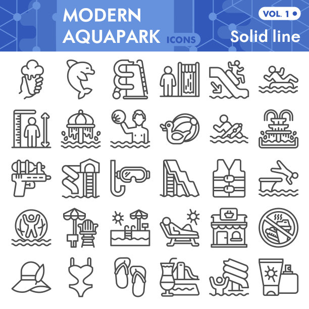 水公园线图标集，游泳池符号收集或草图。水上公园线性风格标志的web和应用程序。矢量图形孤立在白色背景。图片下载
