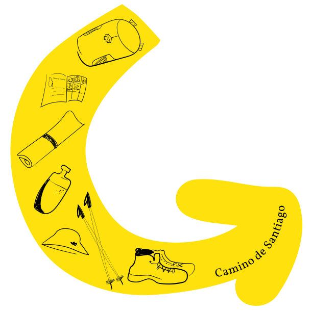 黄色箭头和朝圣者需要的东西。巴拿马帽，背包，朝圣者护照，旅行垫，徒步手杖，靴子，水。圣地亚哥之路的翻译:圣詹姆斯之路-一个受欢迎的徒步小径在西班牙有古老的根源图片下载