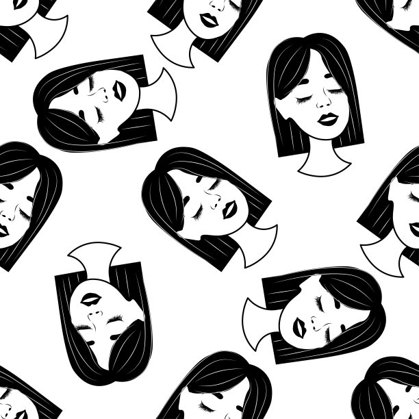 无缝模式与草图的优雅女孩在一个白色的背景。一个年轻女人的侧面在前面，一个扁平的风格。人们的脸上洋溢着喜悦和放松。
股票矢量图图片下载