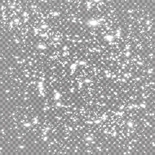 矢量大雪，雪花有不同的形状和形式。许多白色的冷片状元素在透明的背景。雪花飘落，雪花飘零。图片下载
