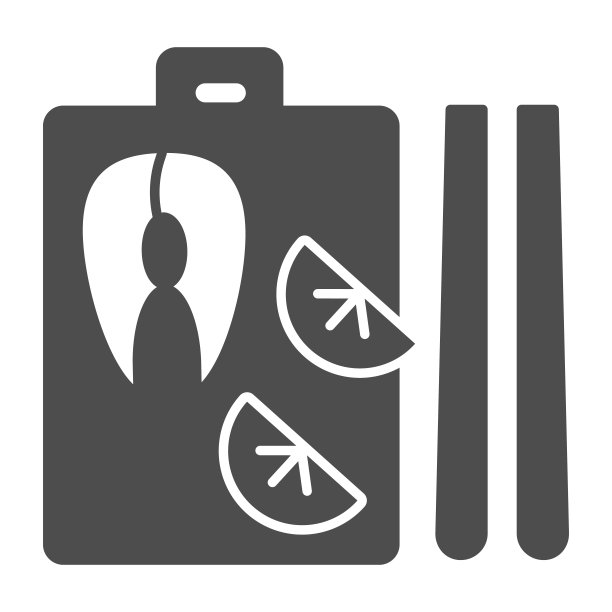 鱼切片切板与柠檬固体图标，鱼市场概念，寿司服务标志在白色背景，鲑鱼排和柠檬在切板图标在字形风格。矢量图形。图片下载