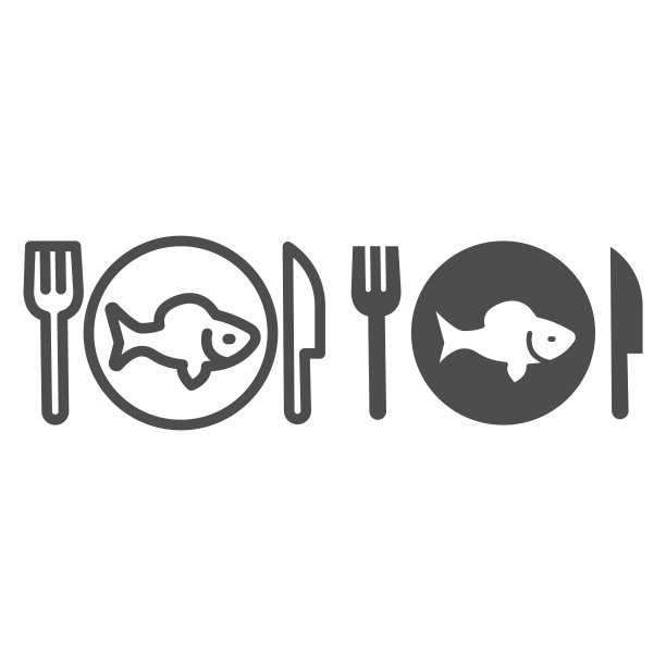 鱼在盘子与叉和刀线和固体图标，海鲜概念，菜单鱼餐厅标志在白色背景，鱼在盘子图标在移动和网页设计轮廓风格。矢量图形。图片下载