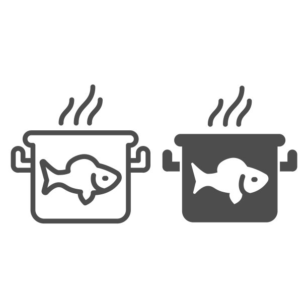 锅与鱼线和固体图标，鱼市场概念，鱼锅标志在白色的背景，烹饪鱼汤图标轮廓风格的移动概念和网页设计。矢量图形。图片下载