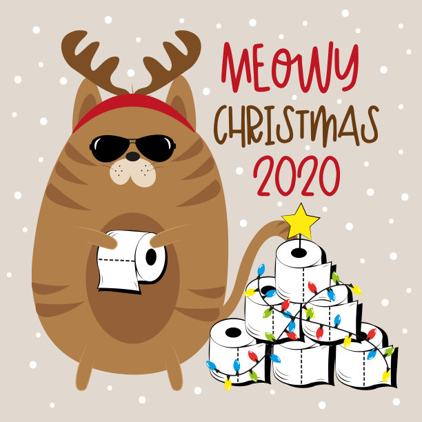 2020年喵喵圣诞节-戴鹿角和厕纸的猫圣诞树。covid-19大流行自我隔离期间的圣诞搞笑贺卡。图片下载