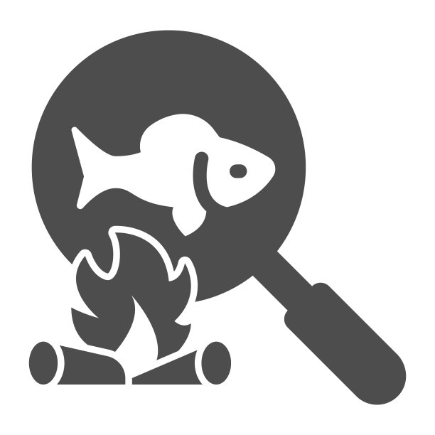 烹饪鱼在篝火固体图标，野餐的概念，炸鱼标志在白色的背景，鱼烧烤在煎锅上的壁炉图标在字形风格的移动和网络。矢量图形。图片下载