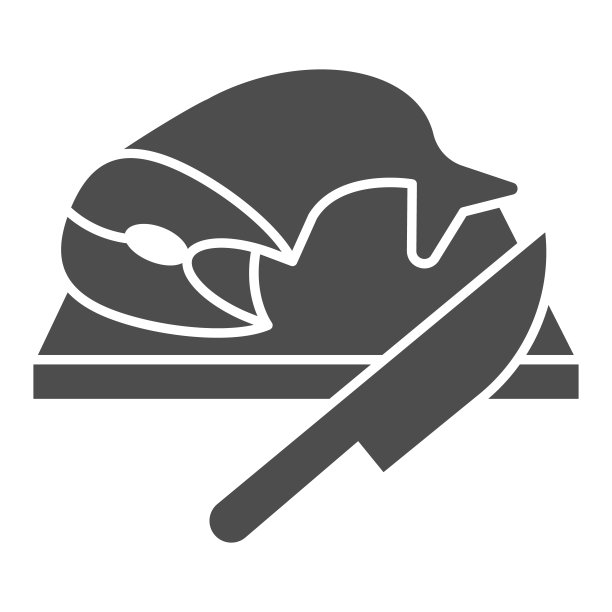 切菜板与鱼和刀固体图标，海鲜概念，烹饪和切割新鲜的鱼标志在白色的背景，鱼准备在切菜板图标在象形风格。矢量图形。图片下载