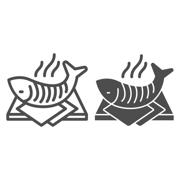 热鱼在切板线和固体图标，海鲜概念，热烤鱼标志在白色背景，鱼准备在切板图标在轮廓风格的移动和web。矢量图形。图片下载