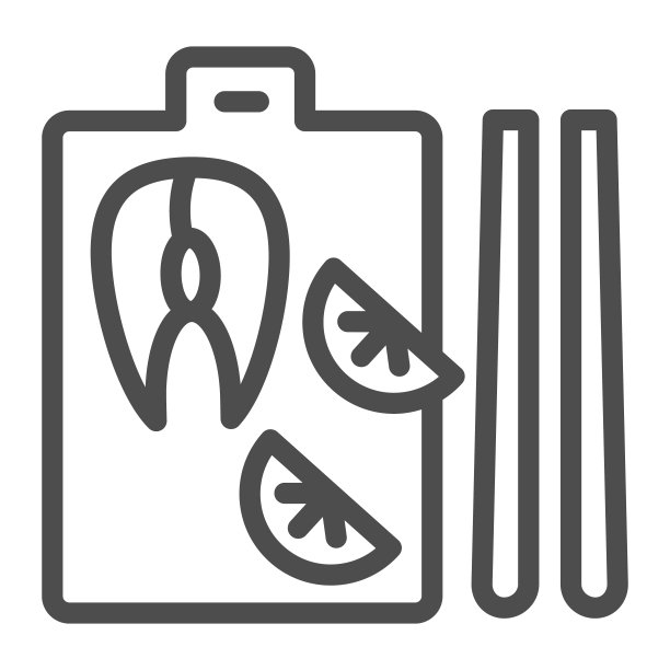 鱼片在切板与柠檬线图标，鱼市场概念，寿司服务标志在白色背景，鲑鱼排和柠檬在切板图标的轮廓风格。矢量图形。图片下载