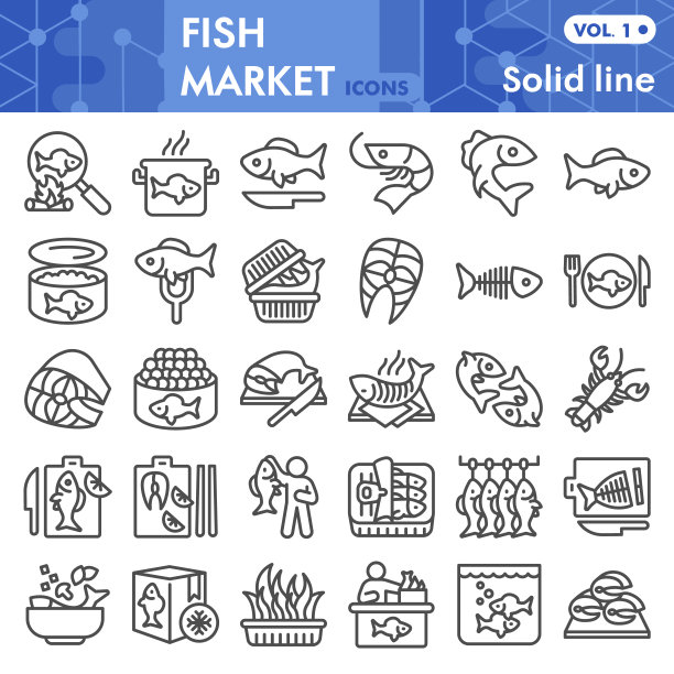 鱼市线图标集，海鲜符号收藏或素描。渔业线性风格标志的web和应用程序。矢量图形孤立在白色背景。图片下载