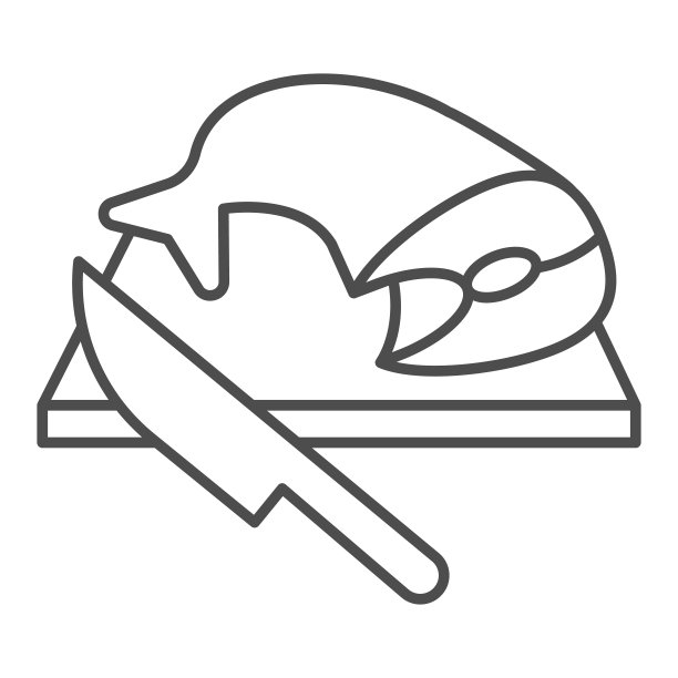 切菜板上有鱼和刀的细线图标，海鲜概念，烹饪和切割新鲜的鱼在白色背景上的标志，鱼准备在切菜板上的图标轮廓风格。矢量图形。图片下载