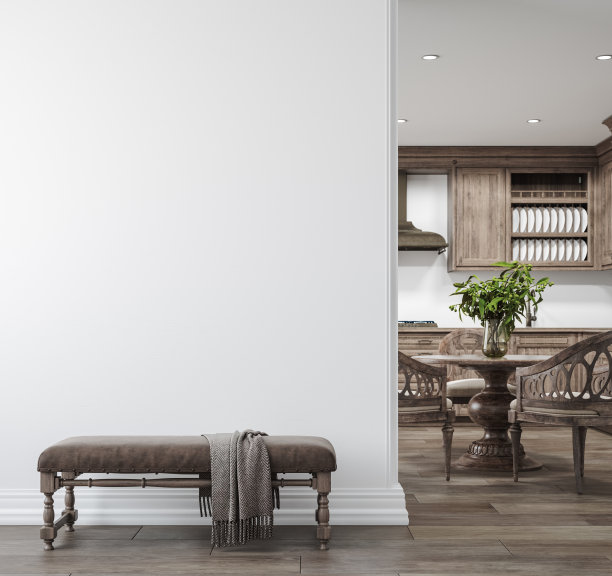 明亮的农家客厅内部与深色木制家具，墙模型图片下载