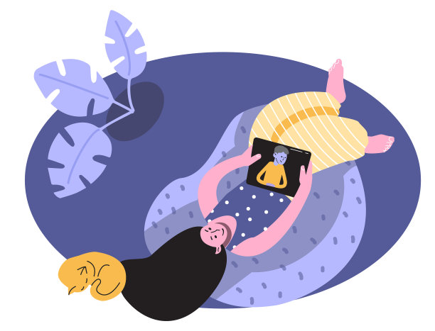 一个女人坐在舒适的豆袋上，带着平板电脑和猫图片下载