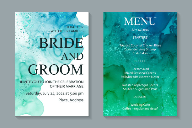 婚礼请柬与绿松石绿色水彩污渍或流动艺术在酒精墨水风格的白色背景。图片下载