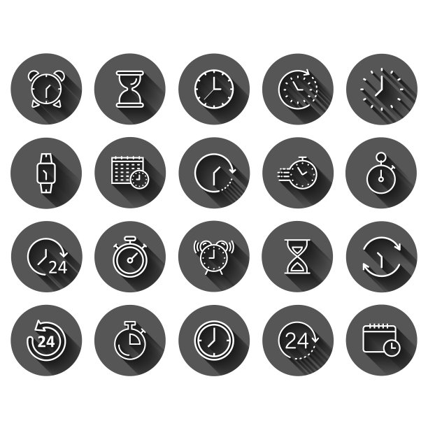 时间图标设置在平面风格的议程时钟黑色图片下载