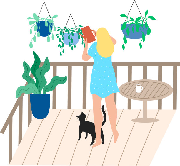 一个女人带着猫站在阳台上浇水图片下载