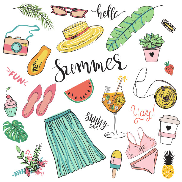 设置夏季的物品，如水果和植物图片下载