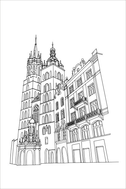 波兰克拉科夫圣玛丽教堂的矢量素描。图片下载