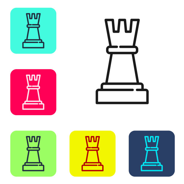 黑线象棋图标孤立在白色背景。商业策略。游戏,管理、财务。设置图标的颜色方形按钮。向量图片下载