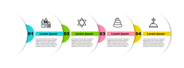 立线教堂建筑，大卫之星，堆热石和墓碑与十字架。业务信息模板。向量图片下载