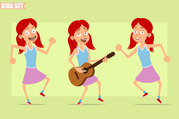 卡通扁红发女孩角色向量集图片下载