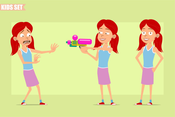 卡通扁红发女孩角色向量集图片下载