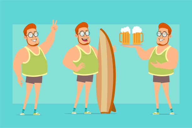 卡通扁搞笑胖男孩角色向量集图片下载